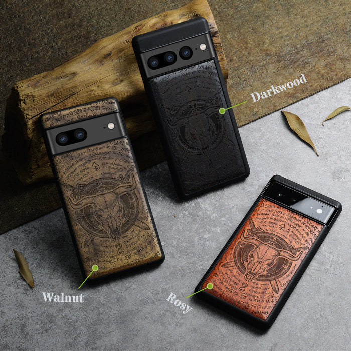 Brave Skull, Classic Engraved Wood & TPU Case - Artisanal Cover for Google Pixel