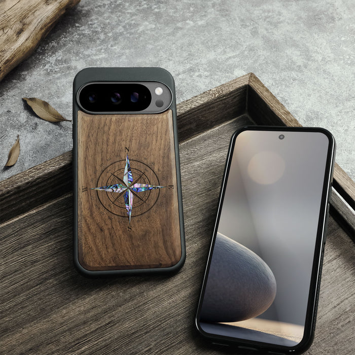 The Detailed Compass Rose, Hand-Inlaid Wood & Mother of Pearl Case - Artisanal Cover for Google Pixel