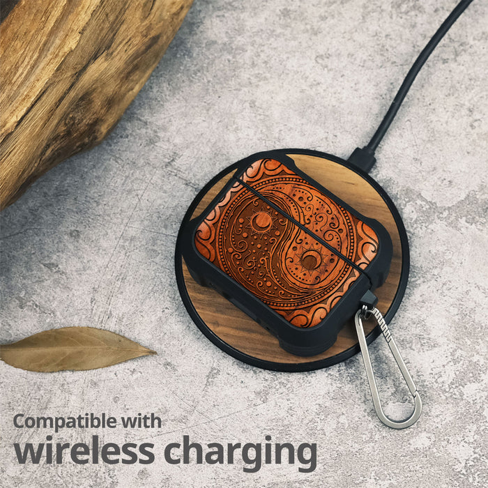 The Yin Yang Paisley - Wood Artisan Engraved & Shell Hand-Inlaid Cover - Artisanal Case for Apple AirPods (Titanium Quick Released Clasp)