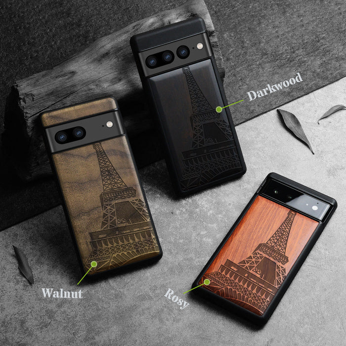 The Eiffel Tower in Geometric Splendour, Classic Engraved Wood & TPU Case - Artisanal Cover for Google Pixel