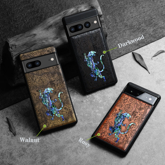 A Tiger Amidst Flowers, Hand-Inlaid Wood & Mother of Pearl Case - Artisanal Cover for Google Pixel