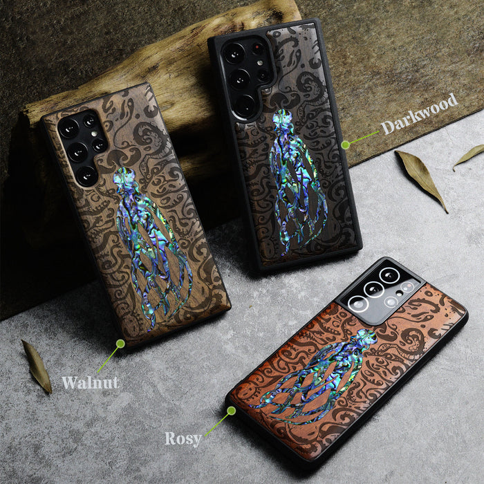 Cephalopod's Nocturne, Hand-Inlaid Wood & Mother of Pearl Case - Artisanal Cover for Samsung Galaxy