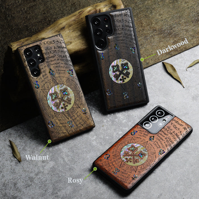 A Heraldic Enigma, Hand-Inlaid Wood & Mother of Pearl Case - Artisanal Cover for Samsung Galaxy