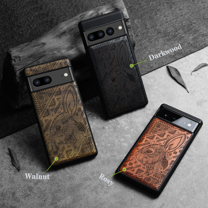 Zentangle Rabbit Amidst Geometry, Classic Engraved Wood & TPU Case - Artisanal Cover for Google Pixel