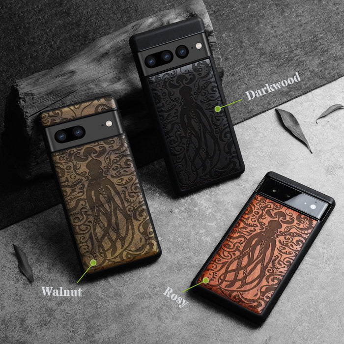 The Octopus's Nocturne, Classic Engraved Wood & TPU Case - Artisanal Cover for Google Pixel