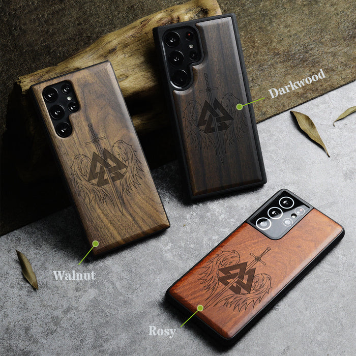 Valknut and Sword, Classic Engraved Wood & TPU Case - Artisanal Cover for Samsung Galaxy