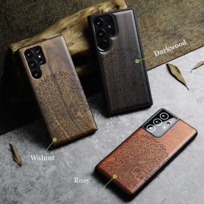 The Line Art Tree of Life, Classic Engraved Wood & TPU Case - Artisanal Cover for Samsung Galaxy