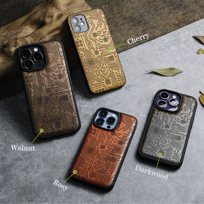 Abstract Motherboard Linework Art, Classic Engraved Wood & TPU Case - Artisanal Cover for Apple iPhone