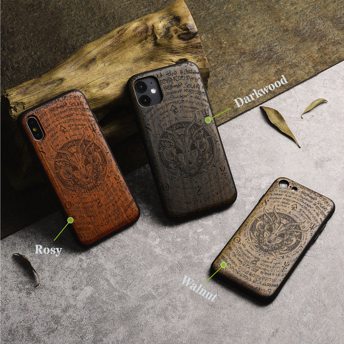 Dragon Skull within an Octagonal Star, Classic Engraved Wood & TPU Case - Artisanal Cover for Apple iPhone