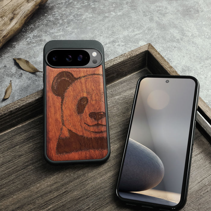 Panda Serenity, Classic Engraved Wood & TPU Case - Artisanal Cover for Google Pixel