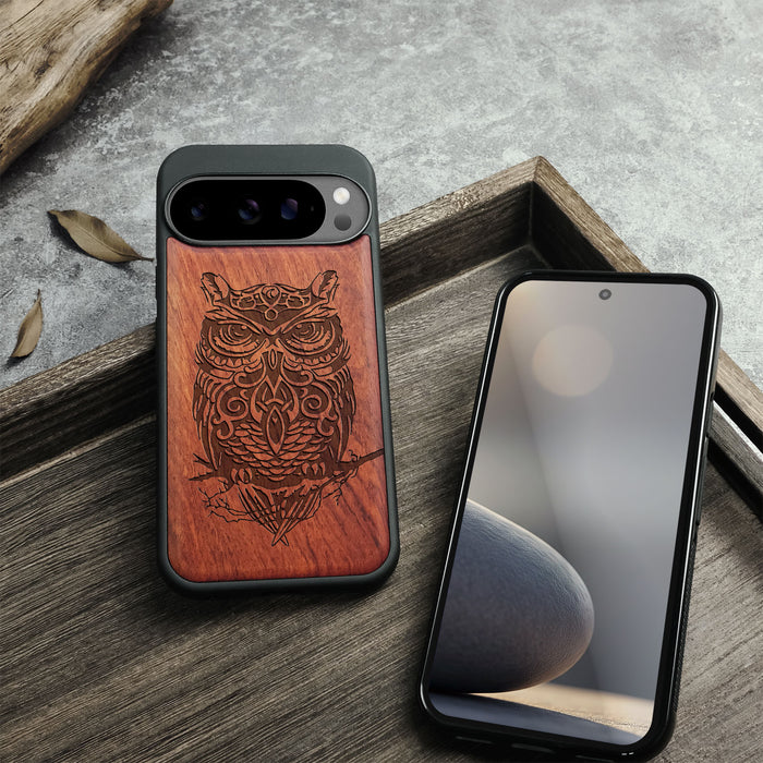 An Owl Perched on a Branch, Classic Engraved Wood & TPU Case - Artisanal Cover for Google Pixel