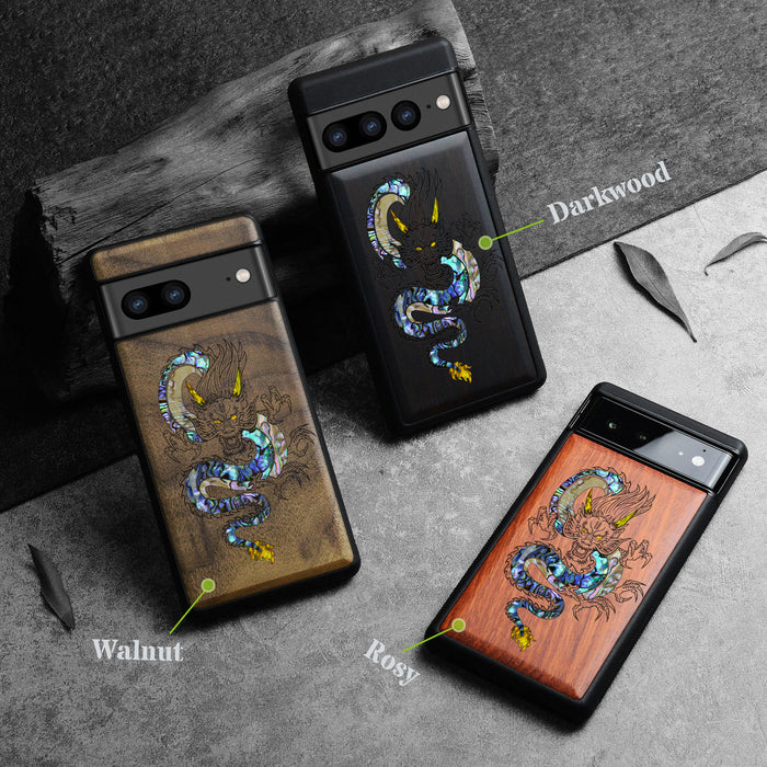 The Oriental Dragon, Hand-Inlaid Wood & Mother of Pearl Case - Artisanal Cover for Google Pixel