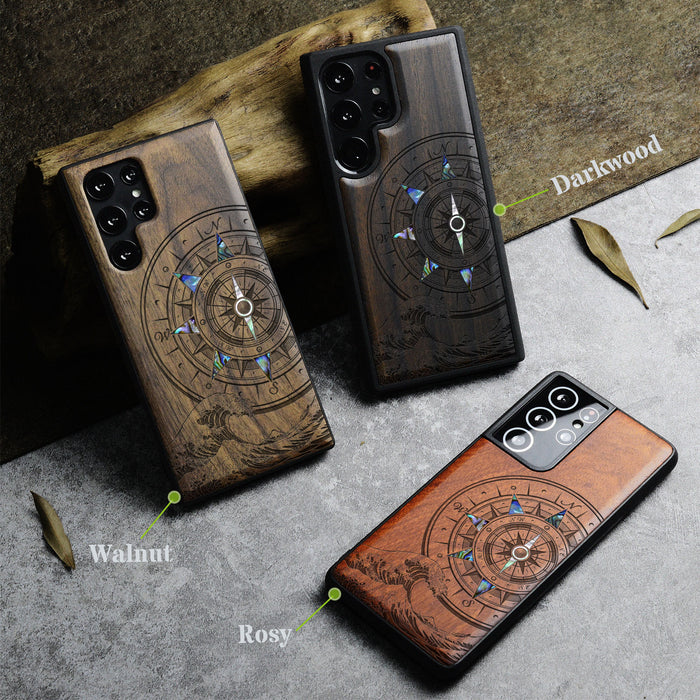 The Compass and the Wave, Hand-Inlaid Wood & Mother of Pearl Case - Artisanal Cover for Samsung Galaxy