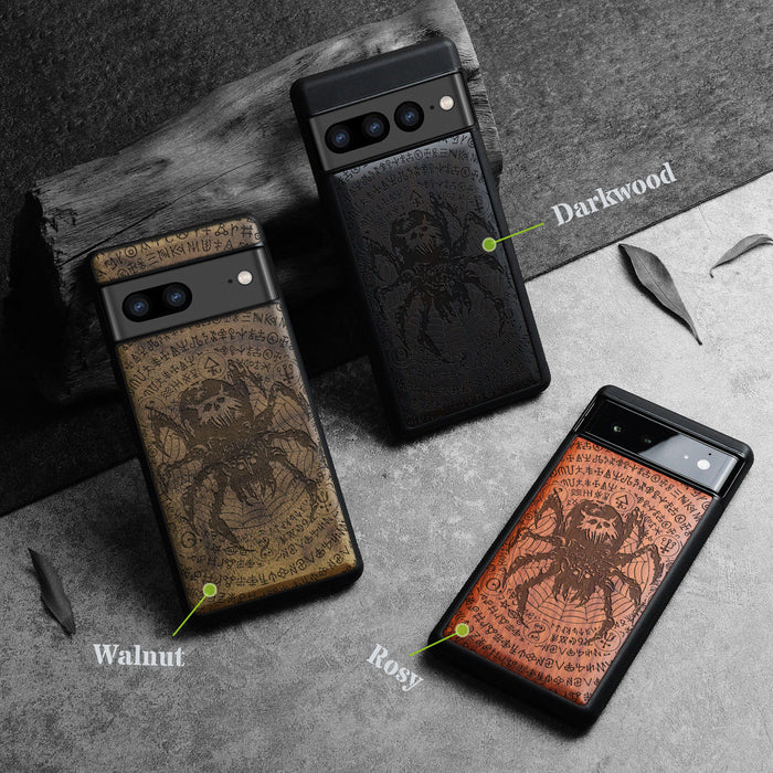 Enigmatic Black Spider Amidst Runes, Classic Engraved Wood & TPU Case - Artisanal Cover for Google Pixel