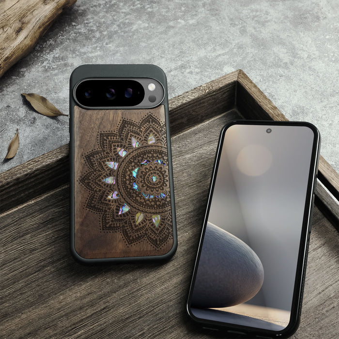 The Half Mandala Lace Art, Hand-Inlaid Wood & Mother of Pearl Case - Artisanal Cover for Google Pixel