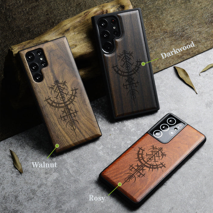 Vegvísir, Classic Engraved Wood & TPU Case - Artisanal Cover for Samsung Galaxy