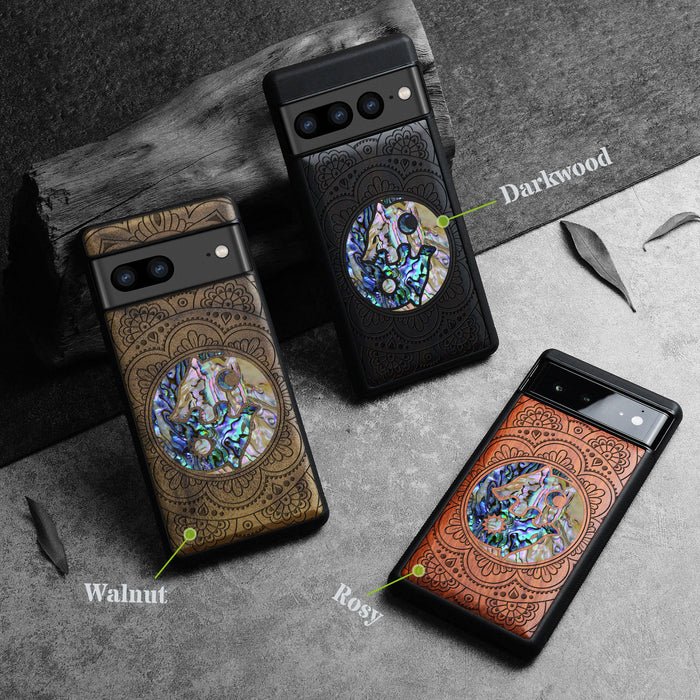 Yin-Yang Wolves Amidst Paisley, Hand-Inlaid Wood & Mother of Pearl Case - Artisanal Cover for Google Pixel