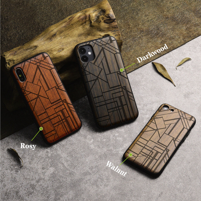 Geometric Simplicity Revisited, Classic Engraved Wood & TPU Case - Artisanal Cover for Apple iPhone