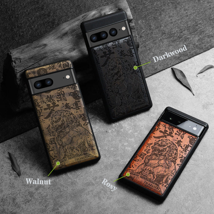 The Chinese Guardian Lions, Classic Engraved Wood & TPU Case - Artisanal Cover for Google Pixel