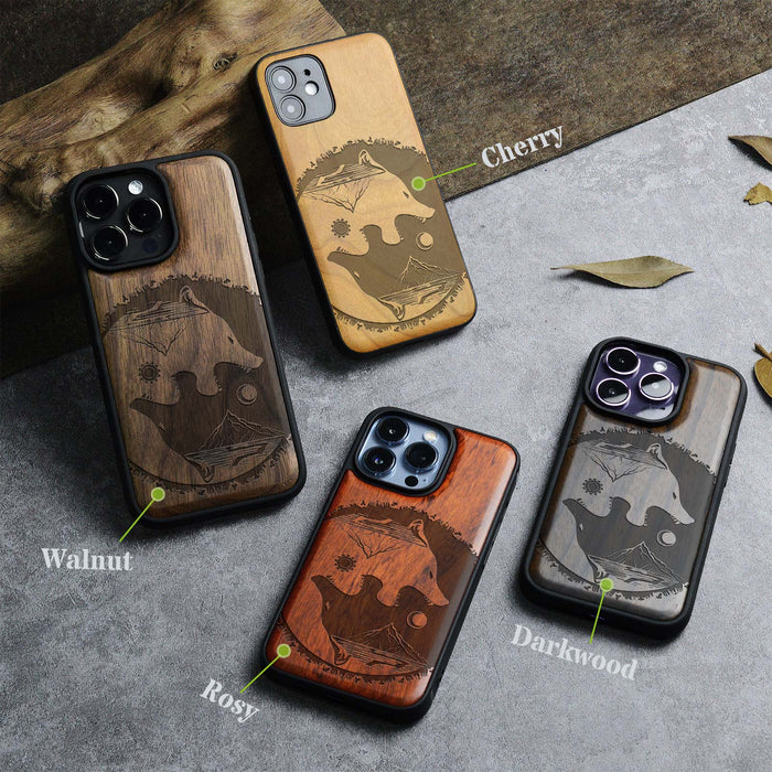 Yin-Yang Wolf, Classic Engraved Wood & TPU Case - Artisanal Cover for Apple iPhone