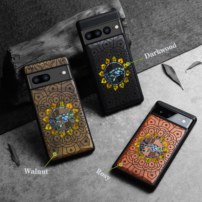 Eternal Horus Mandala, Hand-Inlaid Wood & Mother of Pearl Case - Artisanal Cover for Google Pixel