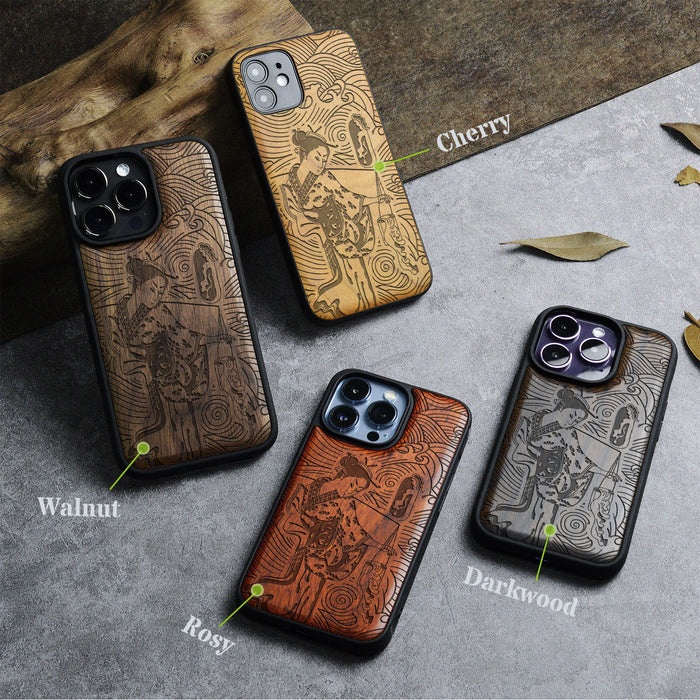 Geisha and the Curling Waves, Classic Engraved Wood & TPU Case - Artisanal Cover for Apple iPhone