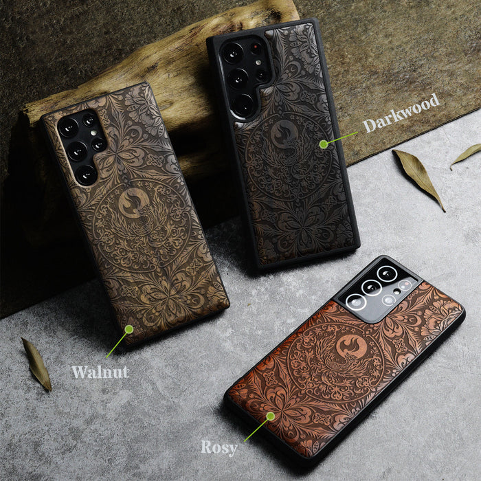 The Phoenix Mandala, Classic Engraved Wood & TPU Case - Artisanal Cover for Samsung Galaxy