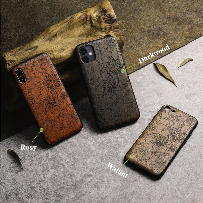 A Seamless Pattern of Flowers and Leaves, Classic Engraved Wood & TPU Case - Artisanal Cover for Apple iPhone