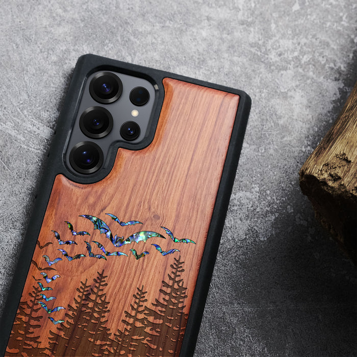 Bats Over the Forest, Hand-Inlaid Wood & Mother of Pearl Case - Artisanal Cover for Samsung Galaxy