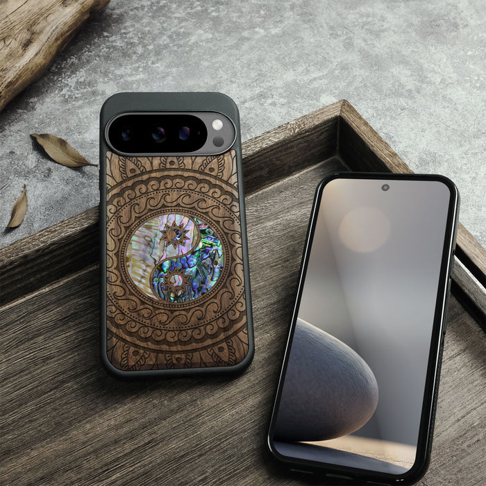 The Yin Yang Paisley, Hand-Inlaid Wood & Mother of Pearl Case - Artisanal Cover for Google Pixel