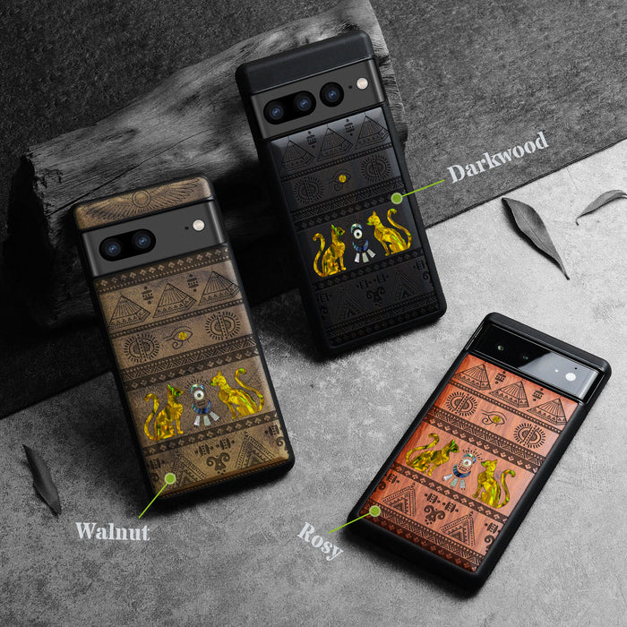 The Symbols of Egypt, Hand-Inlaid Wood & Mother of Pearl Case - Artisanal Cover for Google Pixel