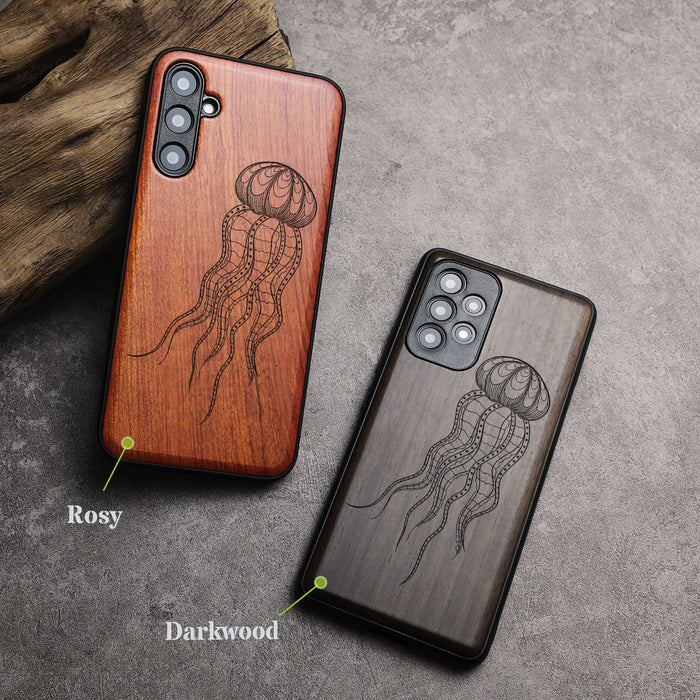 Zentangle Art Jellyfish, Classic Engraved Wood & TPU Case - Artisanal Cover for Samsung Galaxy