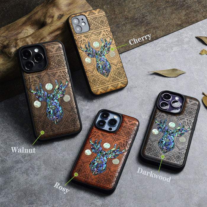 Aztec Geometric Deer, Hand-Inlaid Wood & Mother of Pearl Case - Artisanal Cover for Apple iPhone