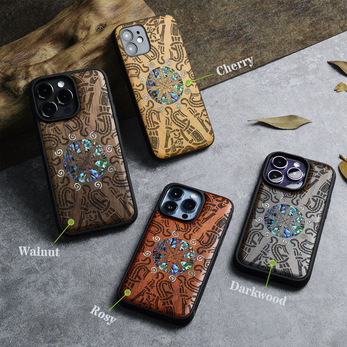 Shield of the Ancients, Hand-Inlaid Wood & Mother of Pearl Case - Artisanal Cover for Apple iPhone