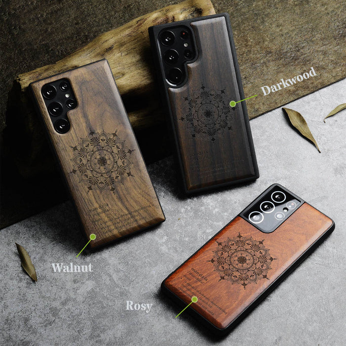 Mandala Flower Design, Classic Engraved Wood & TPU Case - Artisanal Cover for Samsung Galaxy