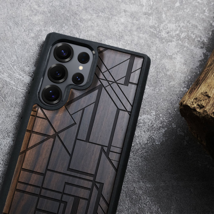 Geometric Simplicity Revisited, Classic Engraved Wood & TPU Case - Artisanal Cover for Samsung Galaxy