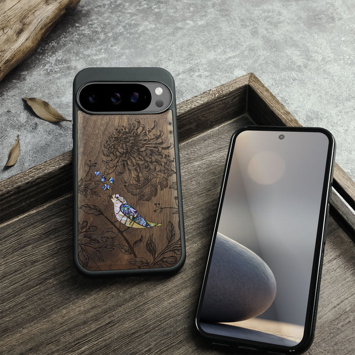 The Chrysanthemum and the Songbird, Hand-Inlaid Wood & Mother of Pearl Case - Artisanal Cover for Google Pixel