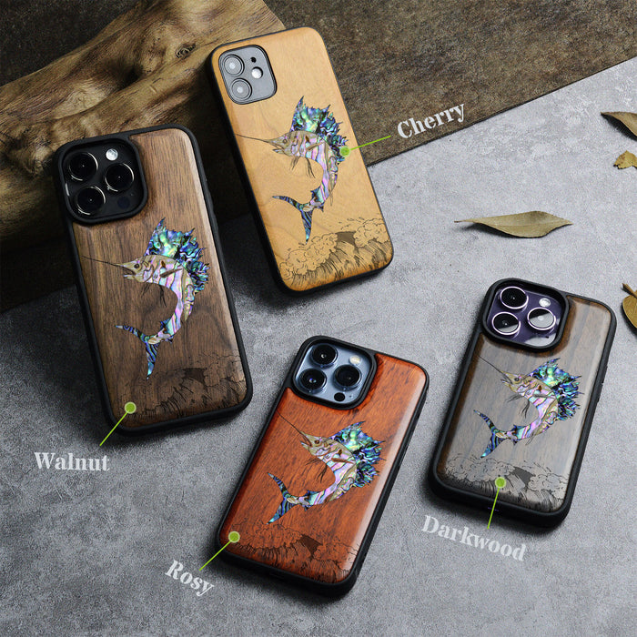 The Soaring Marlin, Hand-Inlaid Wood & Mother of Pearl Case - Artisanal Cover for Apple iPhone