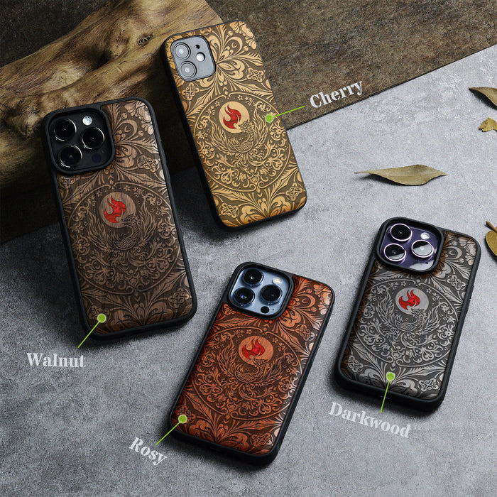 Phoenix in Symmetry, Hand-Inlaid Wood & Mother of Pearl Case - Artisanal Cover for Apple iPhone