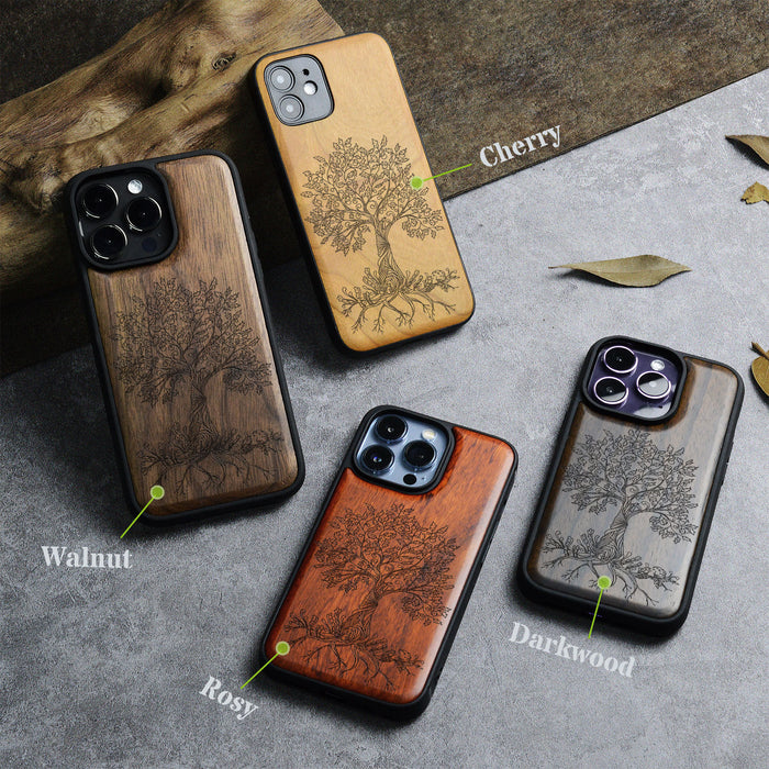 The Fairy Tree Line Art, Classic Engraved Wood & TPU Case - Artisanal Cover for Apple iPhone