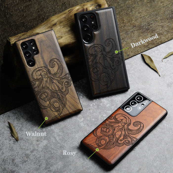 Bodybuilding Octopus Illustration, Classic Engraved Wood & TPU Case - Artisanal Cover for Samsung Galaxy