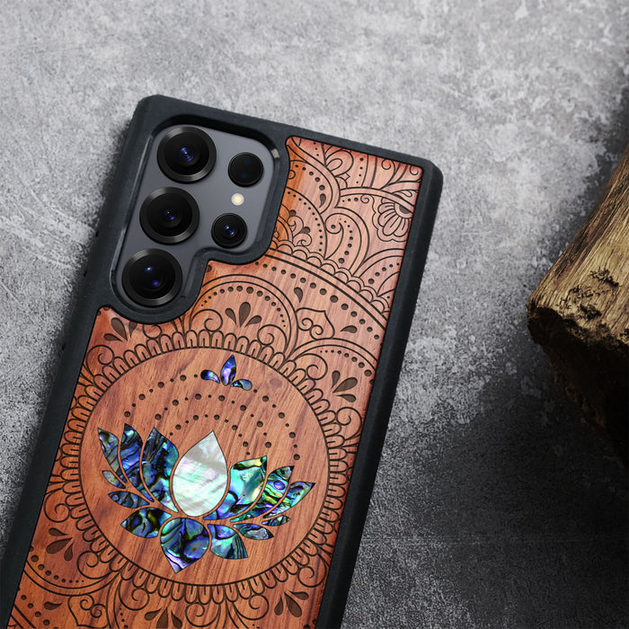 Lotus Mandala Essence, Hand-Inlaid Wood & Mother of Pearl Case - Artisanal Cover for Samsung Galaxy
