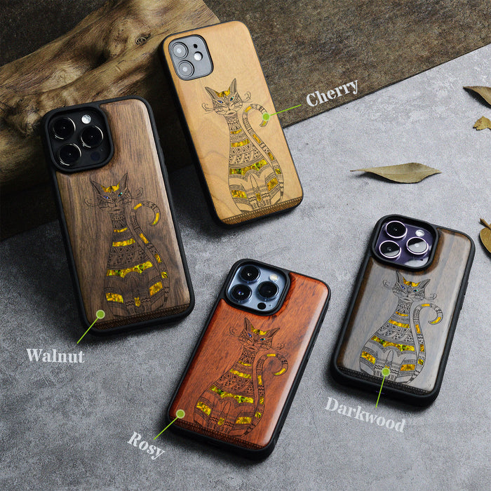 Tribal Cat Art, Hand-Inlaid Wood & Mother of Pearl Case - Artisanal Cover for Apple iPhone