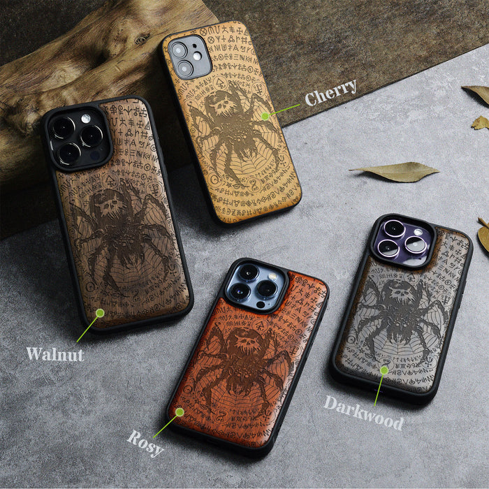 Enigmatic Black Spider Amidst Runes, Classic Engraved Wood & TPU Case - Artisanal Cover for Apple iPhone