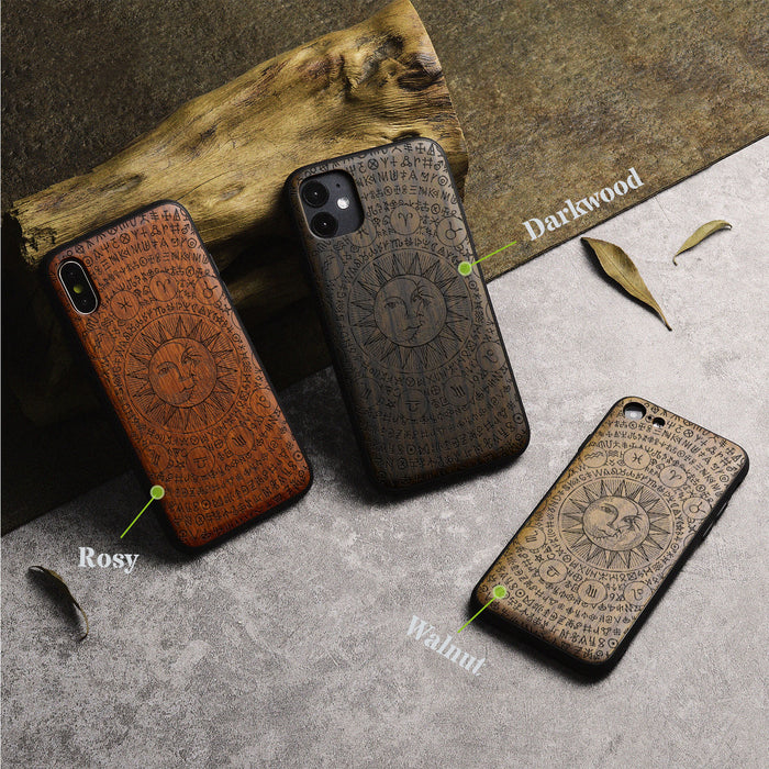 Sun and Moon God Illumination, Classic Engraved Wood & TPU Case - Artisanal Cover for Apple iPhone