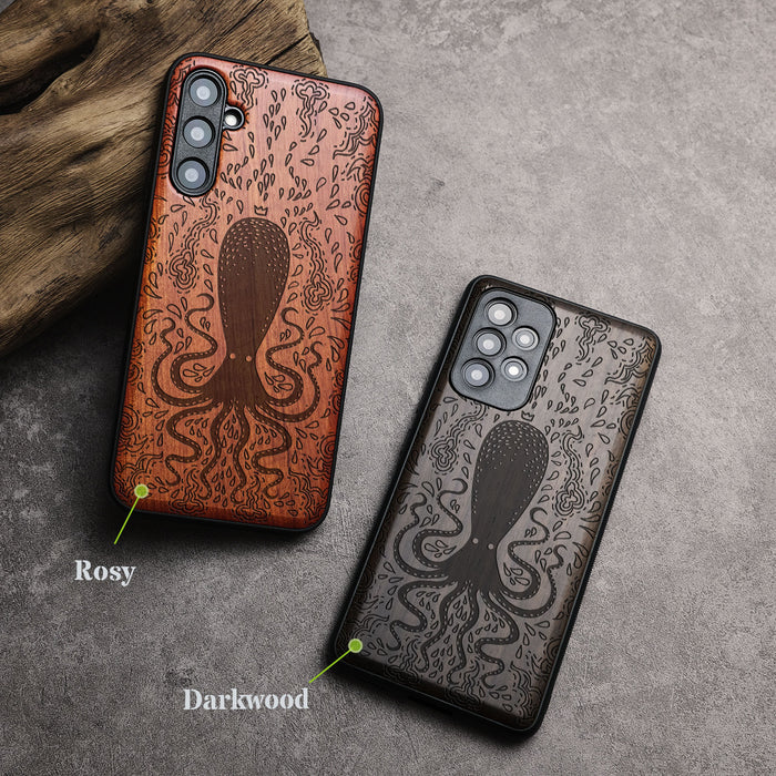 The Floral Octopus, Classic Engraved Wood & TPU Case - Artisanal Cover for Samsung Galaxy