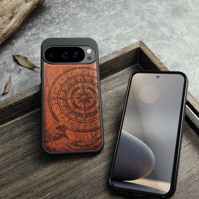 Compass Wave, Classic Engraved Wood & TPU Case - Artisanal Cover for Google Pixel
