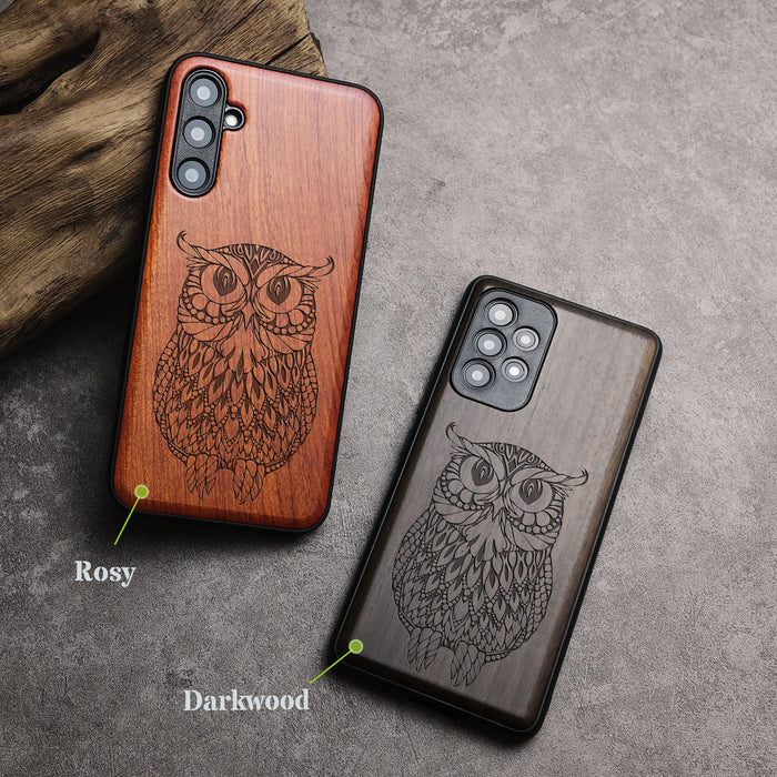 The Owl Mandala, Classic Engraved Wood & TPU Case - Artisanal Cover for Samsung Galaxy