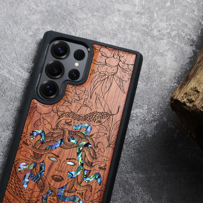 The Medusa Enigma, Hand-Inlaid Wood & Mother of Pearl Case - Artisanal Cover for Samsung Galaxy