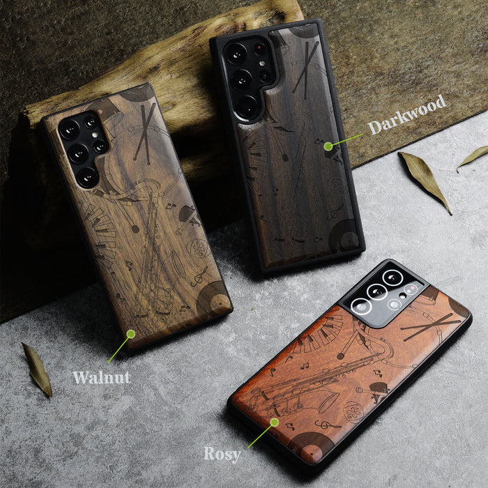 The Saxophone Serenade, Classic Engraved Wood & TPU Case - Artisanal Cover for Samsung Galaxy